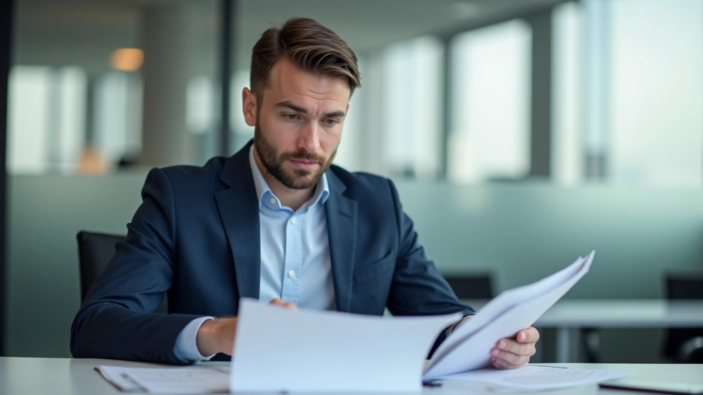 Muž v kanceláři studuje finanční dokumenty o podílových fondech